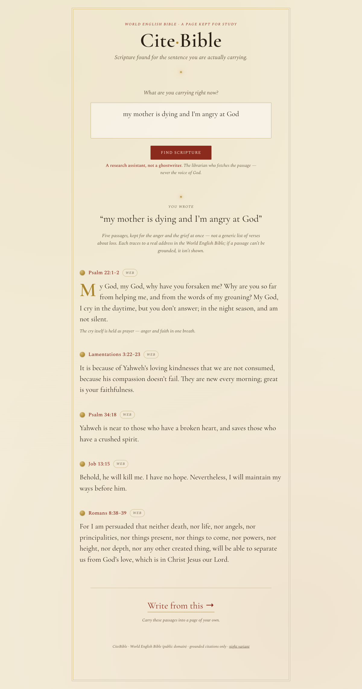 Illumination direction — the Scriptorium x Vigil fusion: an illuminated manuscript read by candlelight, a warm-dark candlelit ground with a double-ruled page, a glowing gilt drop-cap initial, and gilt wax-seal references that glow, left-aligned reading of the five grounded WEB passages.
