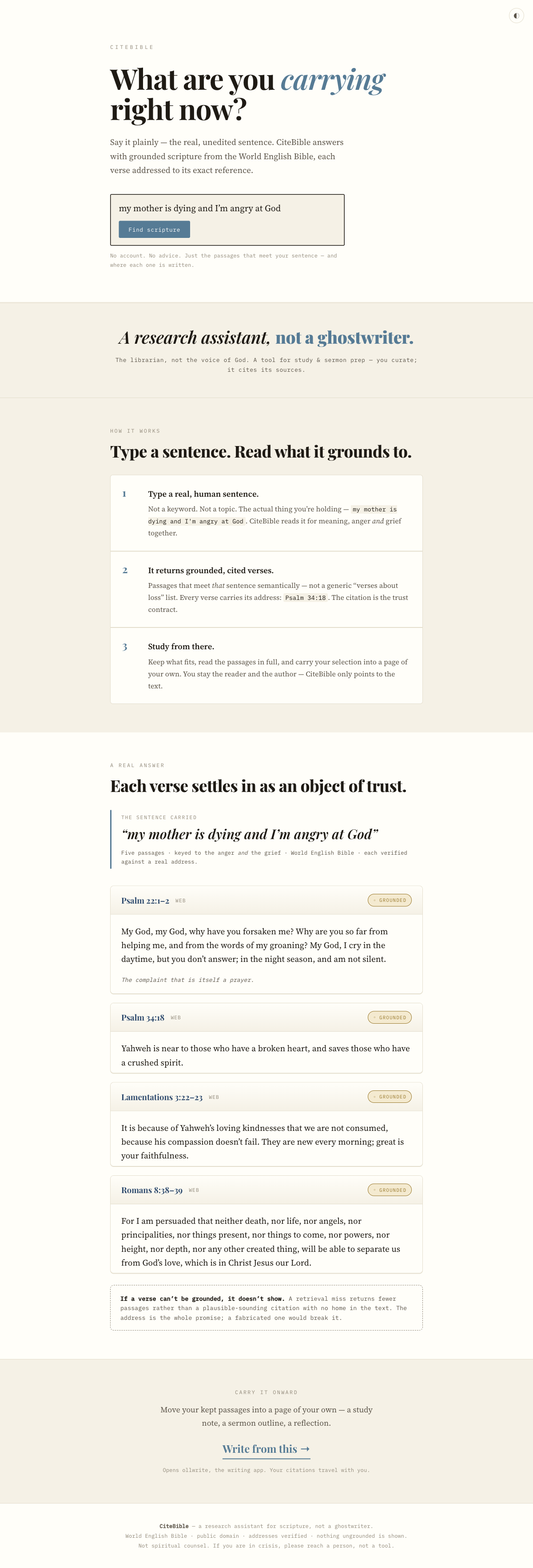 Lectern landing direction — a light editorial reading-room front page; cited verses arriving with the address struck at the head like a colophon and a muted-gold grounded seal.