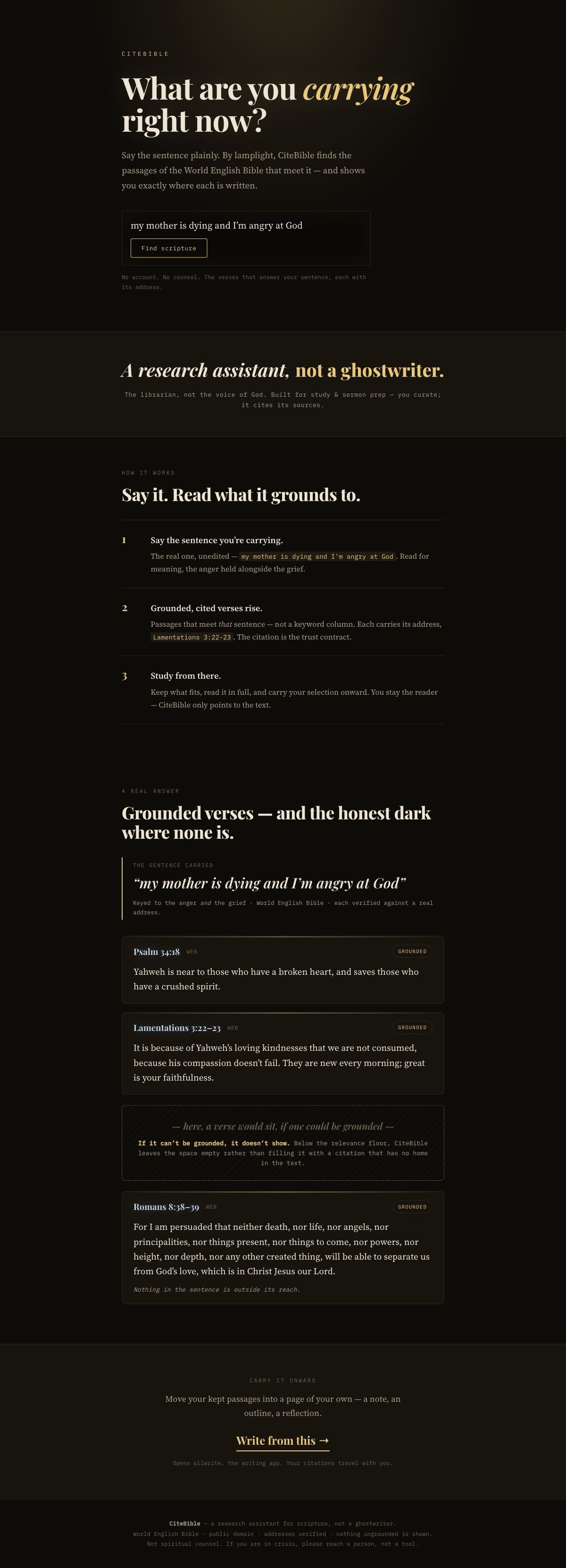 Vespers landing direction — a dark lamp-lit reading room; where a verse can't clear the relevance floor the page shows an honest empty dark instead of filling it, abstention made visible.