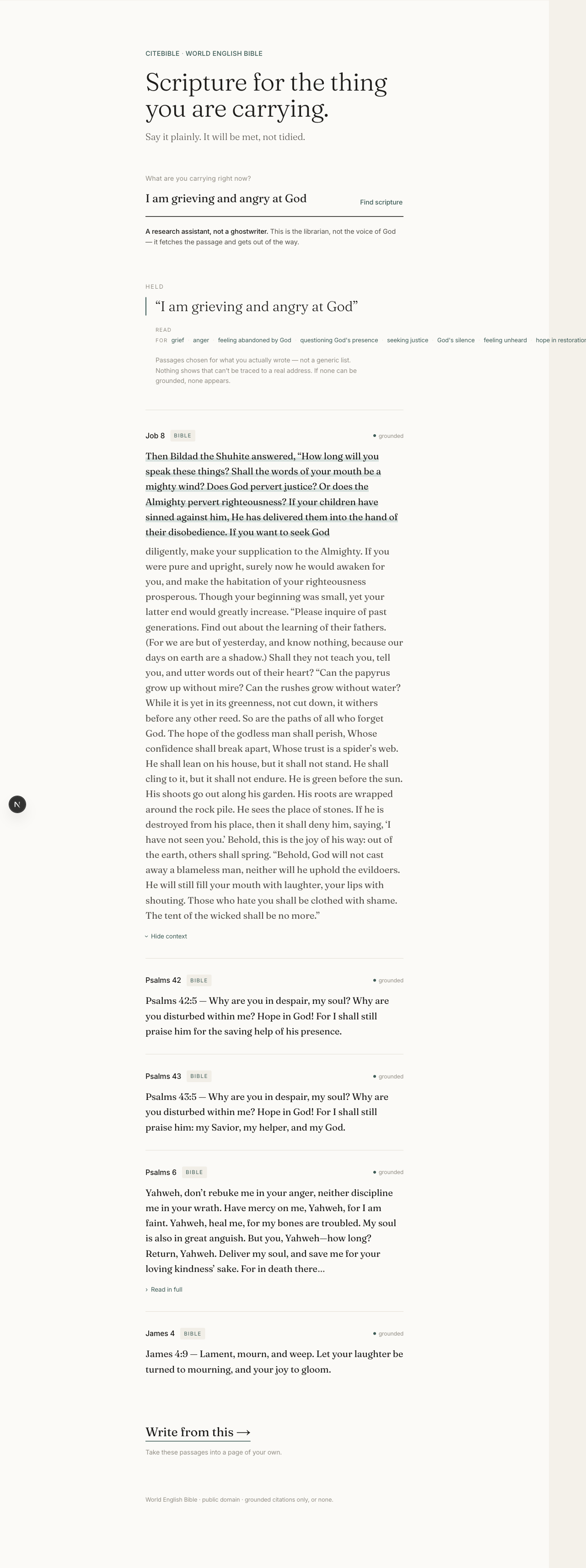 CiteBible /carry with a verse card expanded to show the surrounding chapter for context, reference visible in both states.