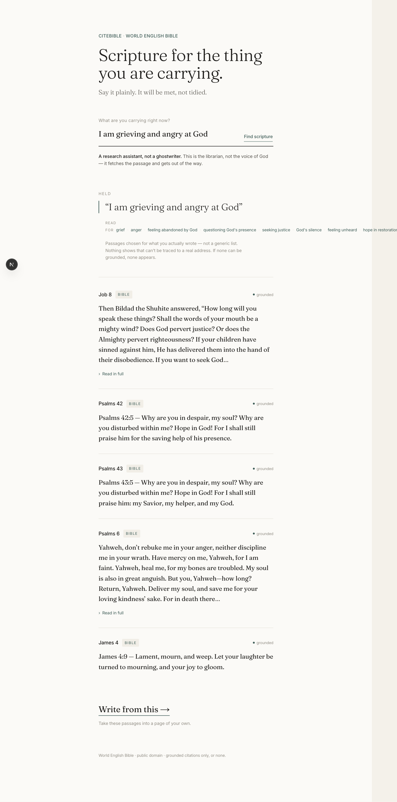 CiteBible /carry: the query 'I am grieving and angry at God' returns cited verses — Job 8, Psalms 42, 43, 6, James 4 — each with book, chapter and verse.