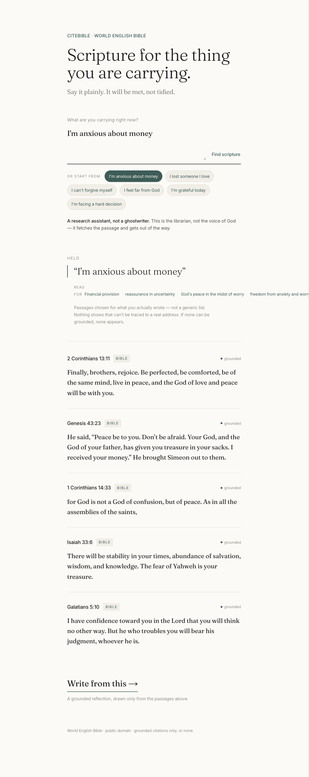 CiteBible /carry: the query 'I am anxious about money' returns cited verses — 2 Corinthians, Genesis, 1 Corinthians, Isaiah, Galatians — showing breadth of real situations.
