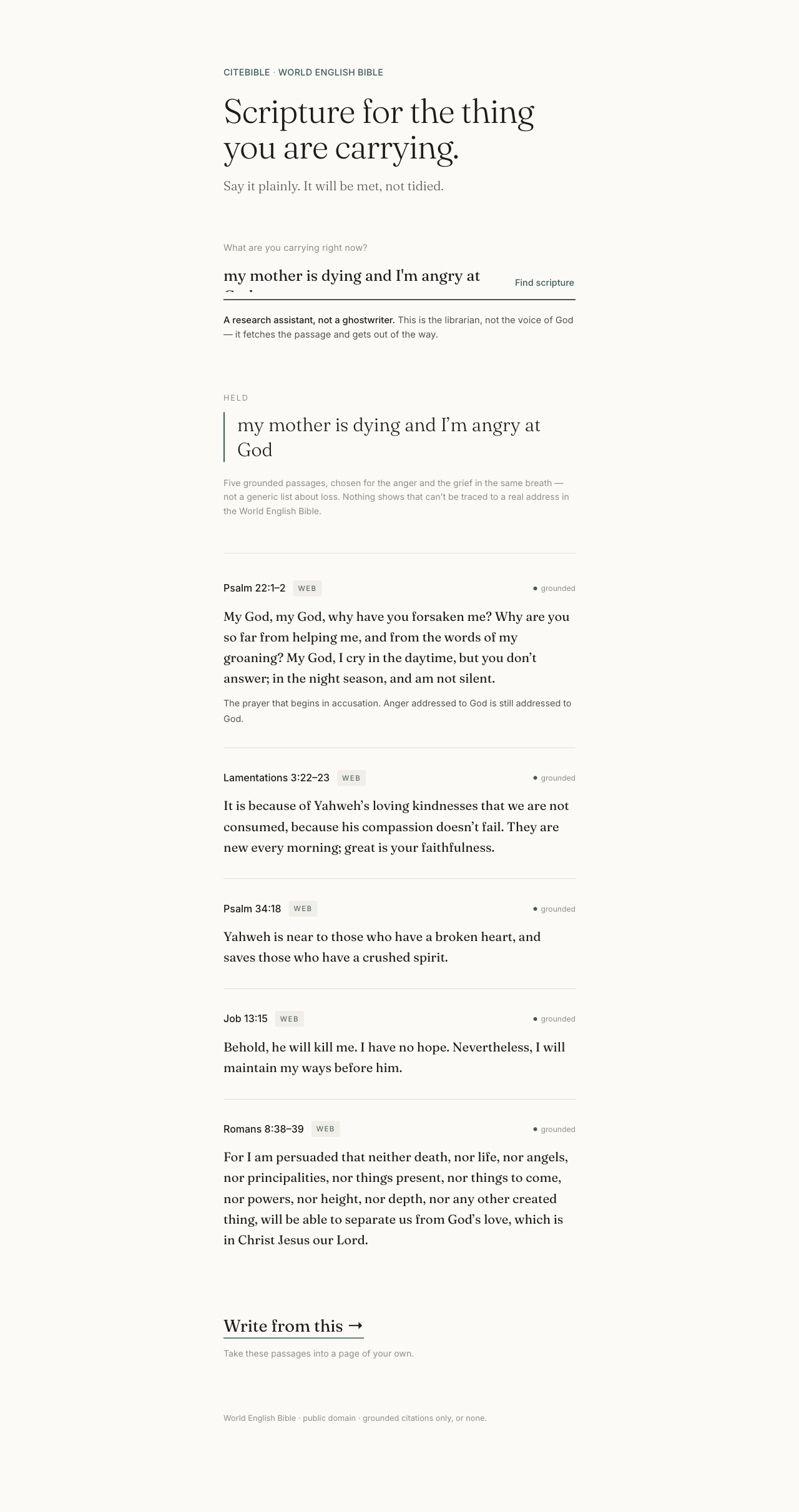Still Room direction — a spare, quiet, deep-evergreen research surface with generous whitespace; the carried sentence echoed back at the top, then the five grounded WEB passages revealing one at a time.