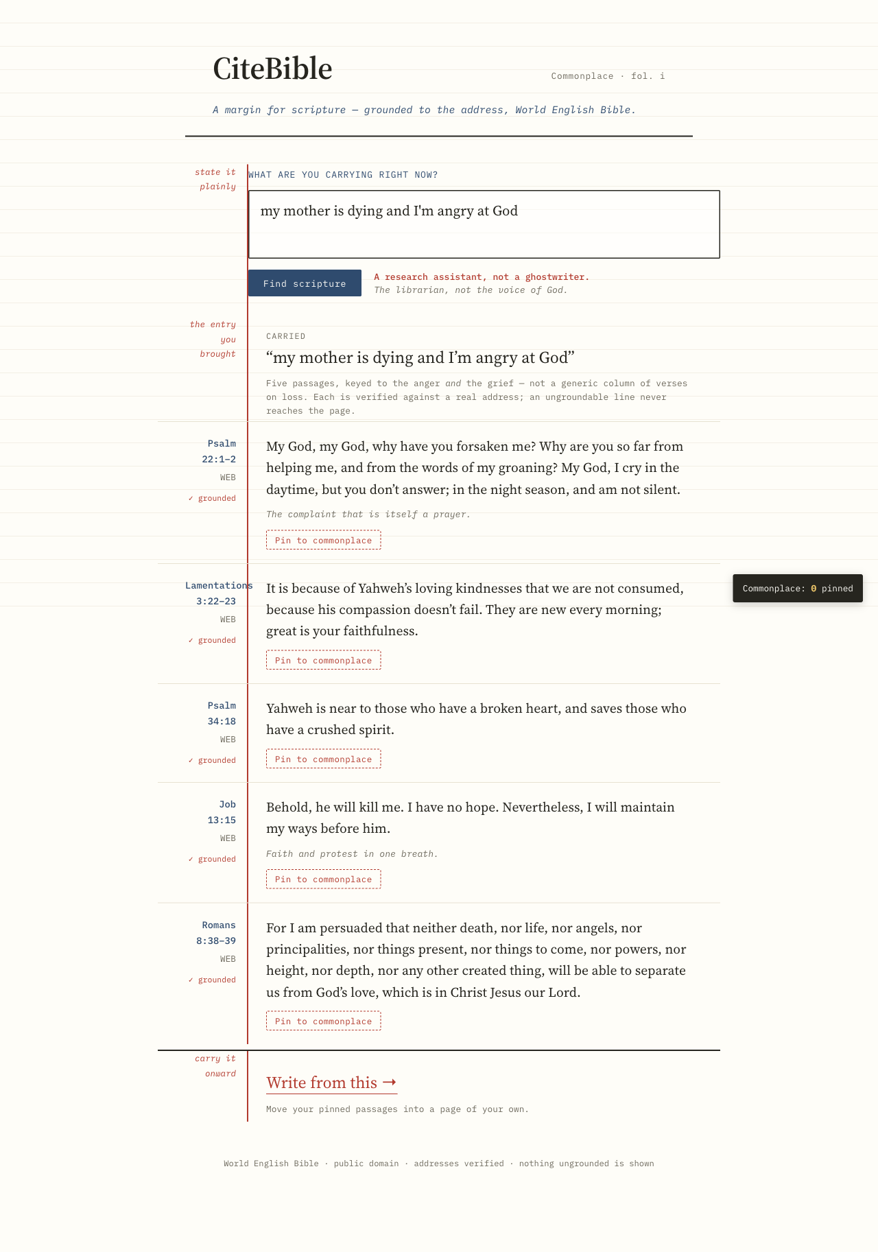 The Margin direction — a commonplace-book ledger with the reading in the main column and references as marginalia hand-notes, each passage with a 'pin to commonplace' tick.