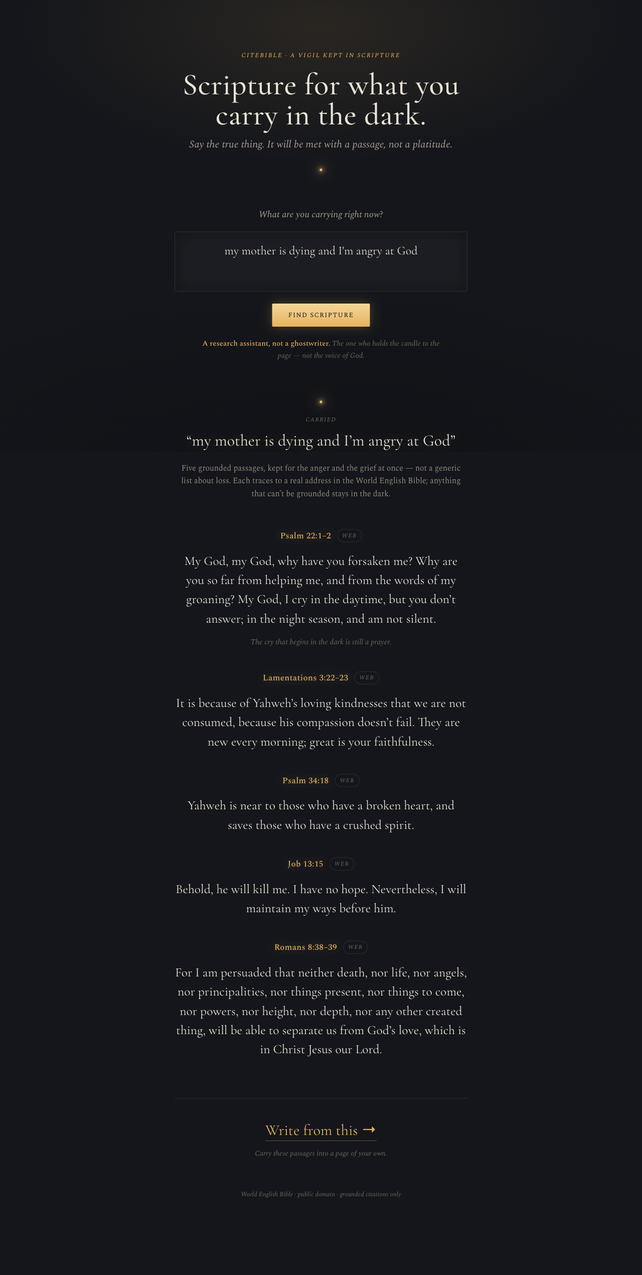 Vigil direction — a dark contemplative nocturne on a blue-black ground with a flickering candle flame, candle-gold references, the carried sentence held as a candle and passages surfacing from the dark.