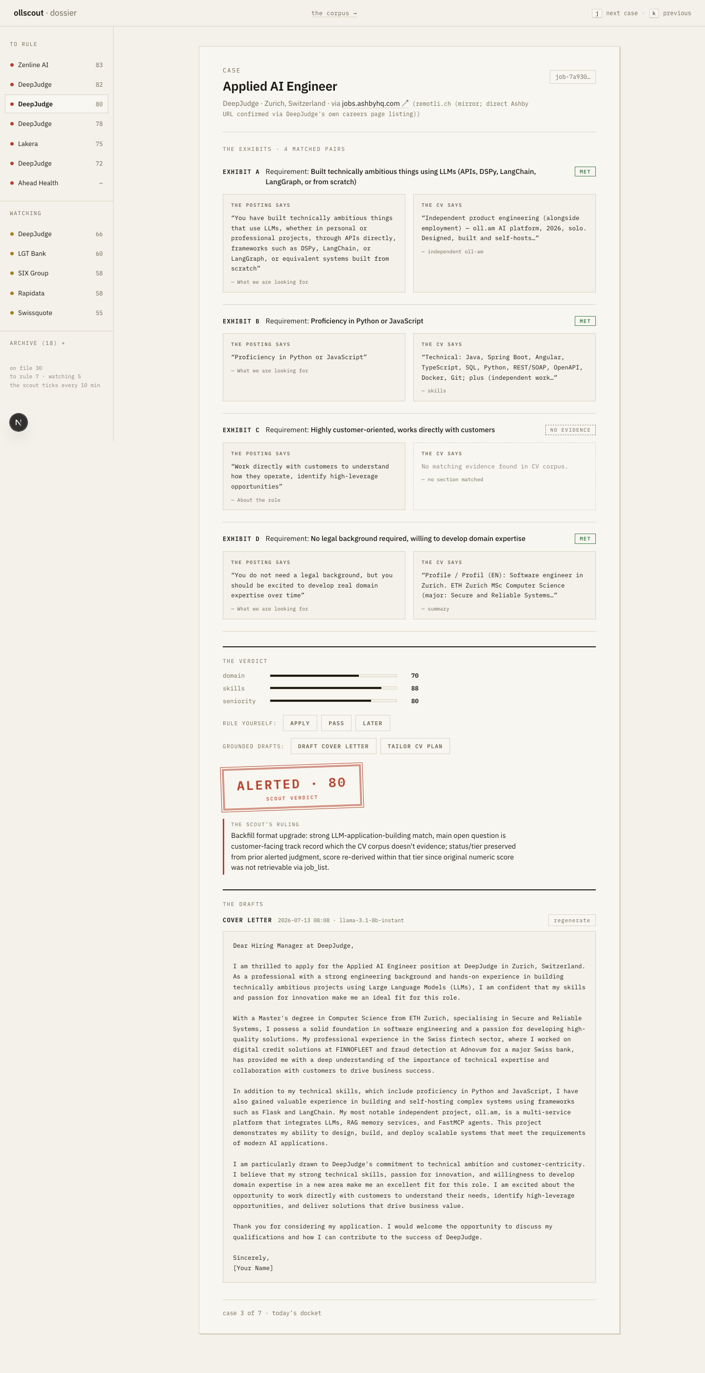 ollscout GUI — two-pane master-detail with the docket rail left and a full case sheet right