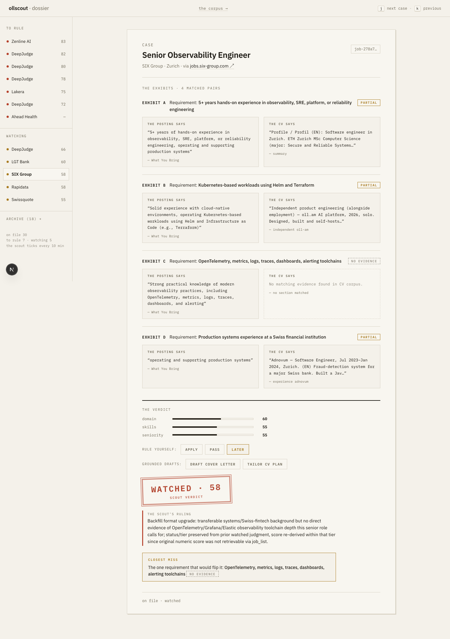 ollscout GUI — a watched case with sub-scores, closest-miss, and lifecycle ruling buttons