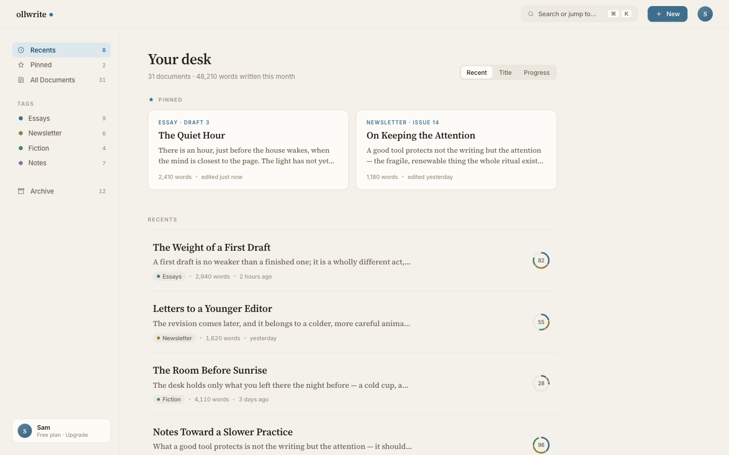 The library / home surface — 'Your desk' with pinned documents, recents with progress rings, tag filters in a left rail, a search/command palette, and a 'Free plan · Upgrade' card.