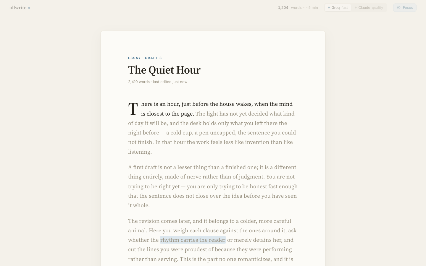 The Manuscript direction — a floating cream manuscript card with a drop-cap headline 'The Quiet Hour', a quiet word-count and Groq/Claude/Focus status top-right, and no toolbar.