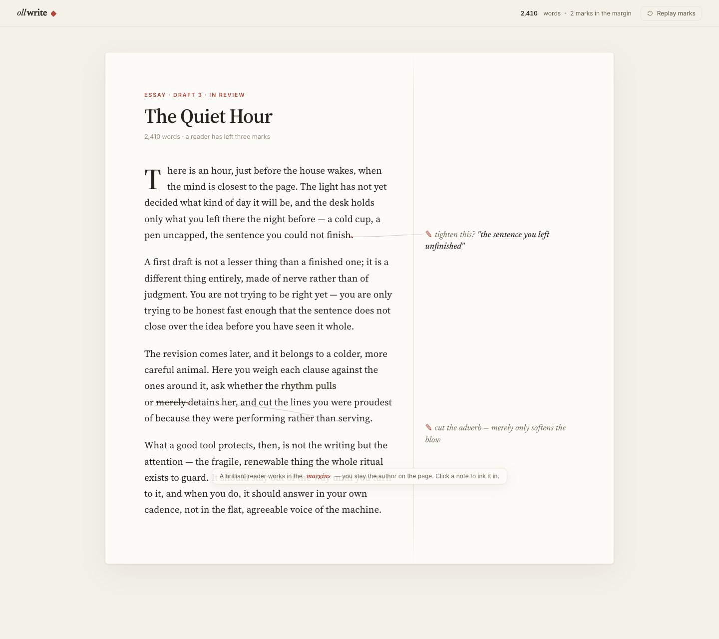 The Margin mockup — an essay draft with AI suggestions living as red-pencil notes in the right margin, one mid-way through inking into the line.