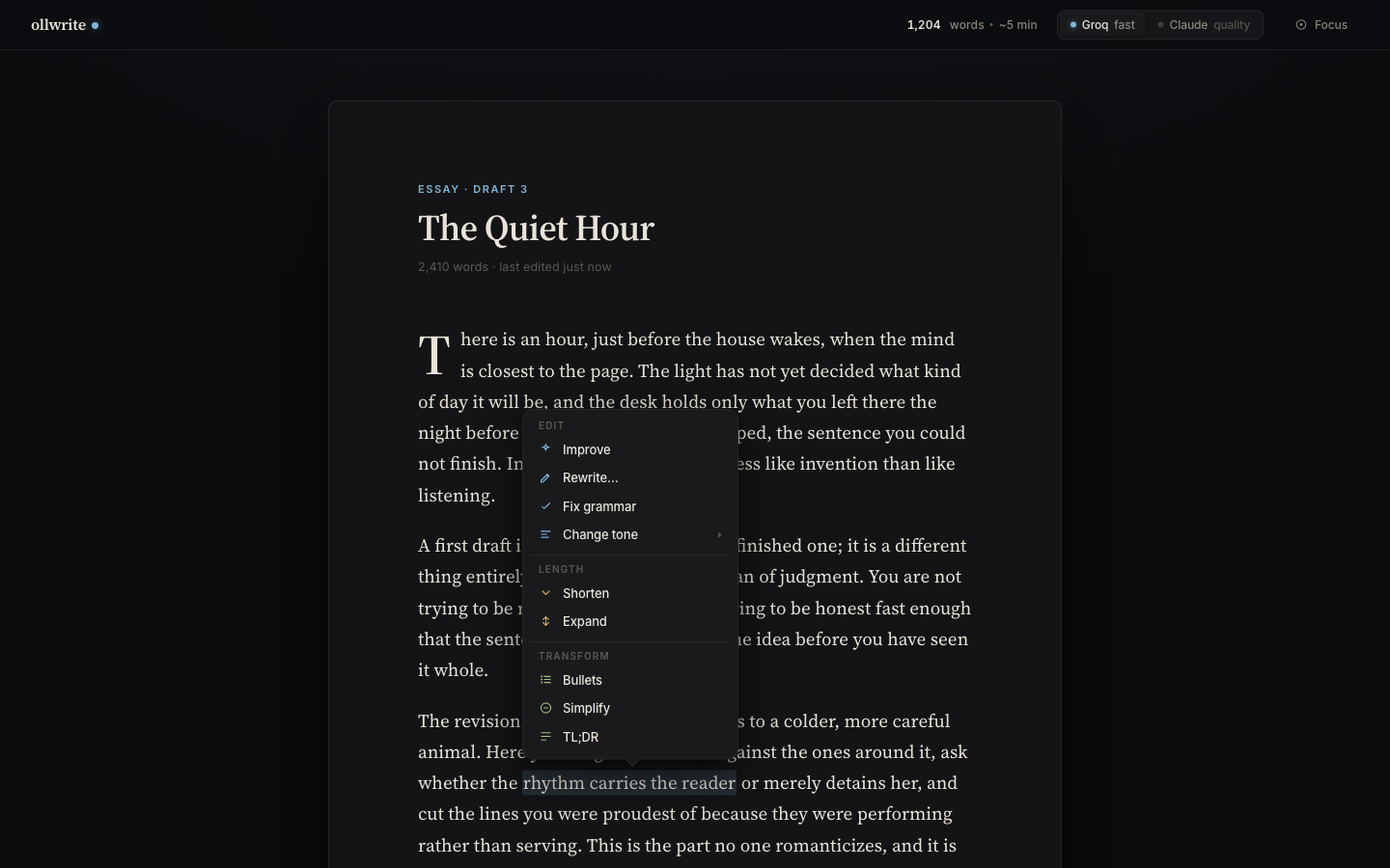 The Nocturne direction — a near-black lamp-lit editor with the on-selection command menu (Improve, Rewrite, Fix grammar, Change tone, Shorten, Expand, Bullets, Simplify, TL;DR) glowing over the page.